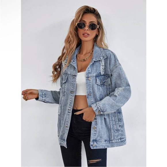 Oversized distressed ripped Front Flap Pocket Drop Shoulder Denim jean Jacket - Picture 1 of 7